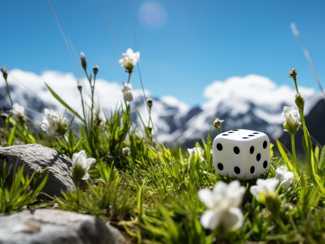 Кубик лежит на зеленой траве в горах