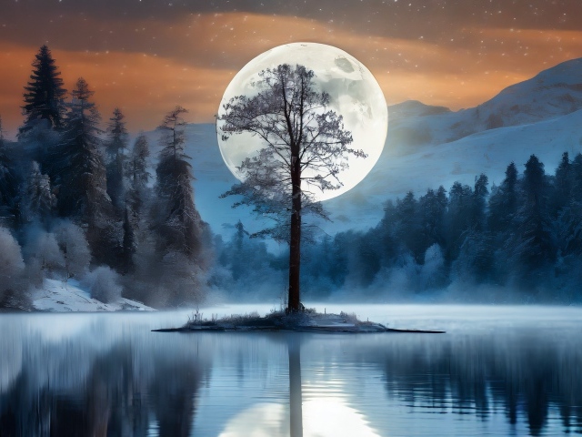 Большая белая луна за одиноким деревом у озера в горах