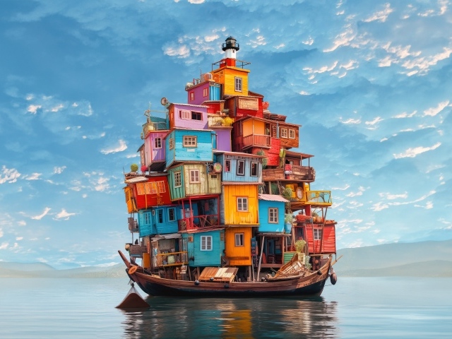 Маленькие разноцветные домики на лодке