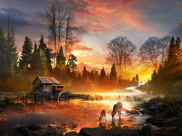 Закат солнца у лесной реки со старым домом