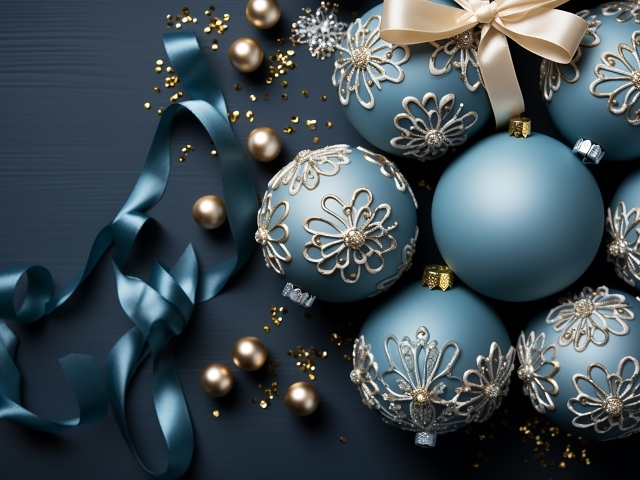 Красивые шарики на елку с синей лентой