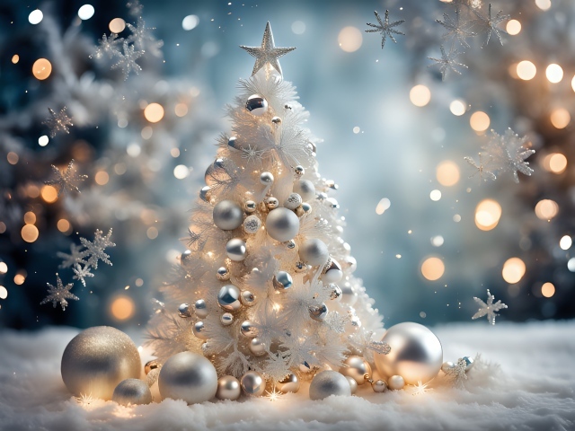 Красивая белая елка с шариками