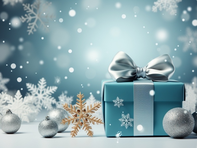 Подарок с игрушками на елку, шаблон для новогодней открытки