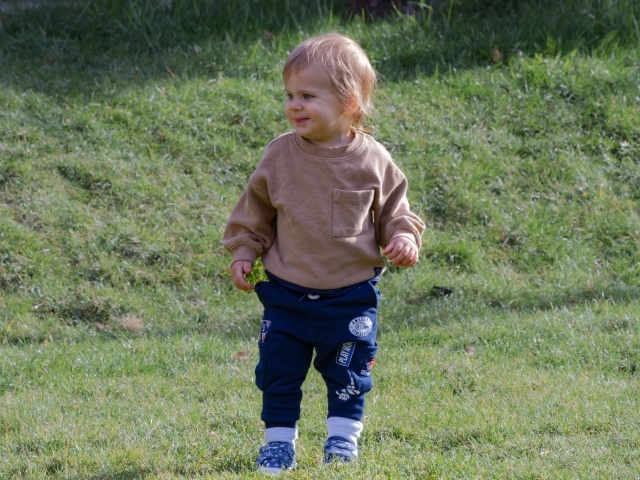 Веселый маленький мальчик гуляет на природе