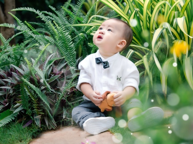 Маленький азиатский ребенок в зеленой траве