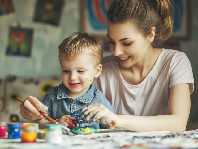 Мама рисует красками с сыном