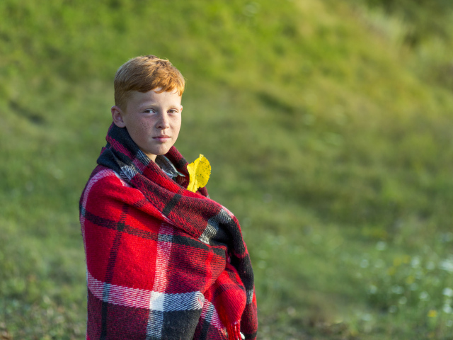 Рыжеволосый мальчик укутан пледом осенью 