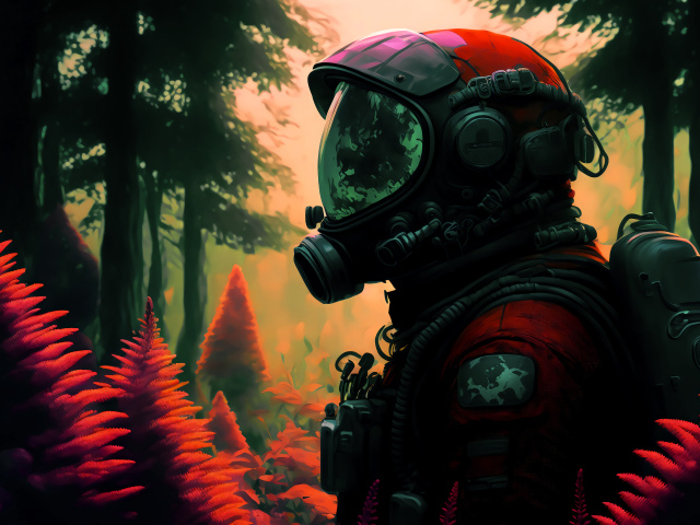 Мужчина астронавт в скафандре в лесу