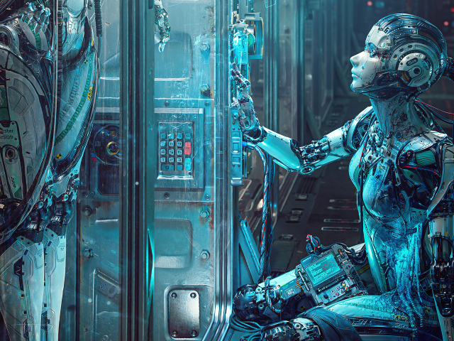 Девушка робот на космическом корабле