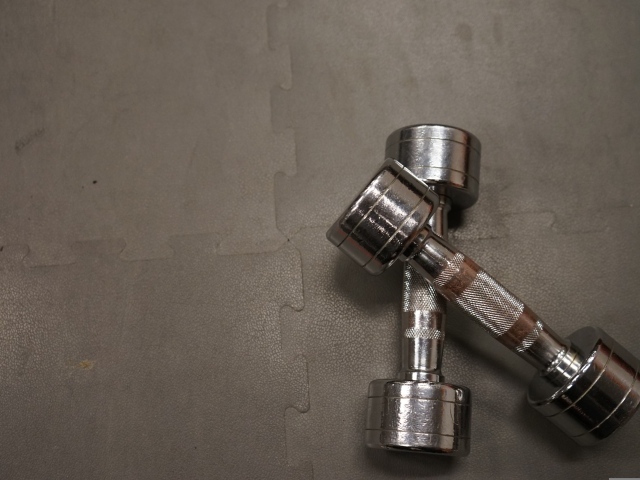 Две железные гантели на сером фоне