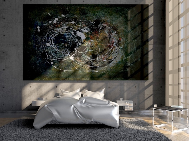 Абстрактная картина на стене в спальне с большим окном