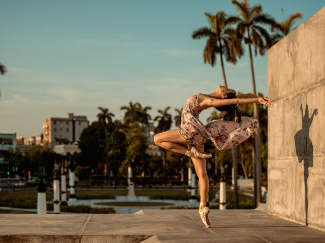 Девушка балерина в платье в красивой позе в лучах солнца