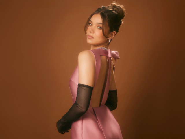 Милая девушка актриса Хейли Стейнфилд в розовом платье