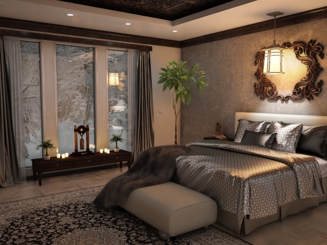 Большое окно в спальне в коричневых  тонах с большой кроватью 