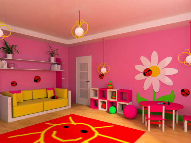 Розовые стены с рисунками в детской комнате