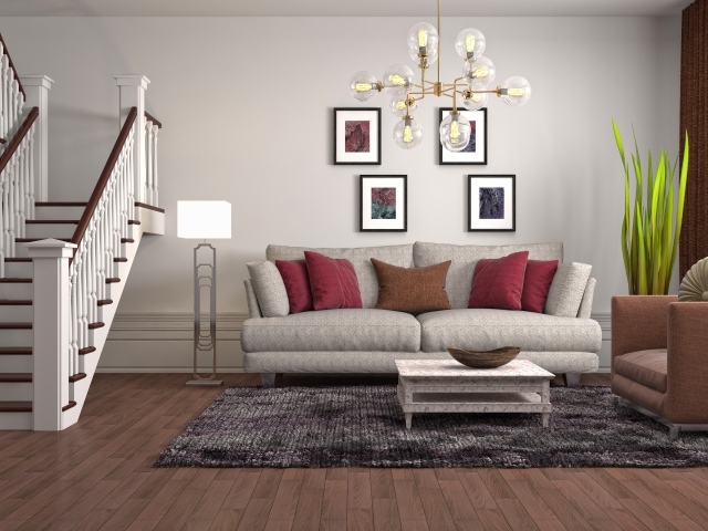 Просторная гостиная с лестницей