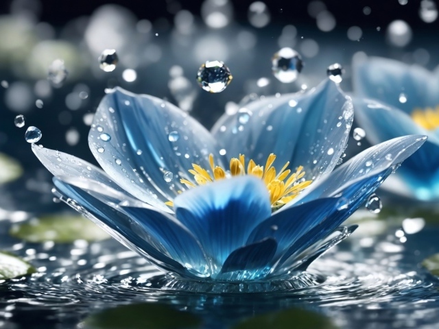 Капли дождя летят на красивый синий цветок