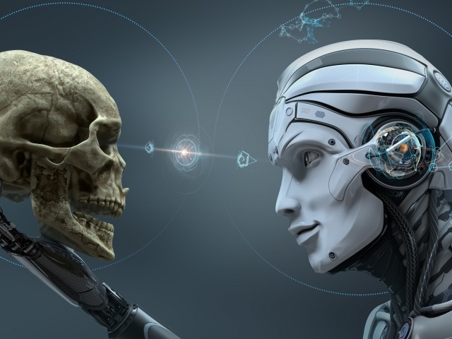 Робот держит в руке череп человека 3д графика
