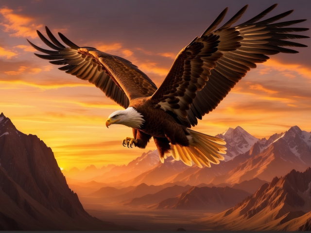 Белоголовый орлан с большими крыльями летит над горами