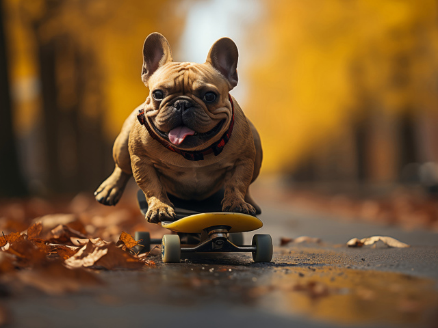 Довольный французский бульдог на скейтборде