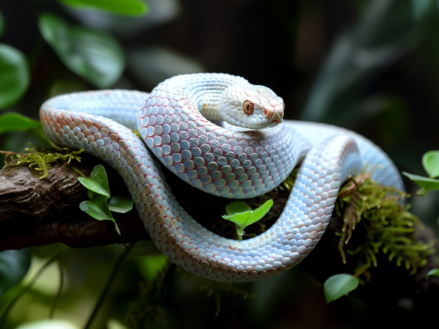 Большая голубая змея на ветке дерева