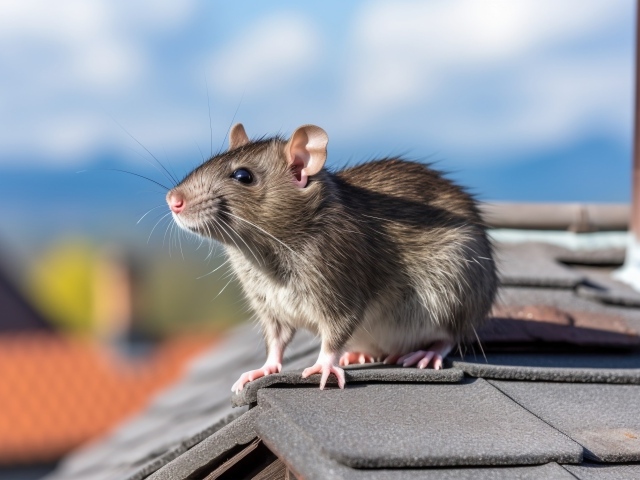 Серая крыса сидит на крыше