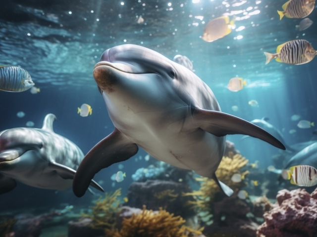Дельфины и рыбы под водой