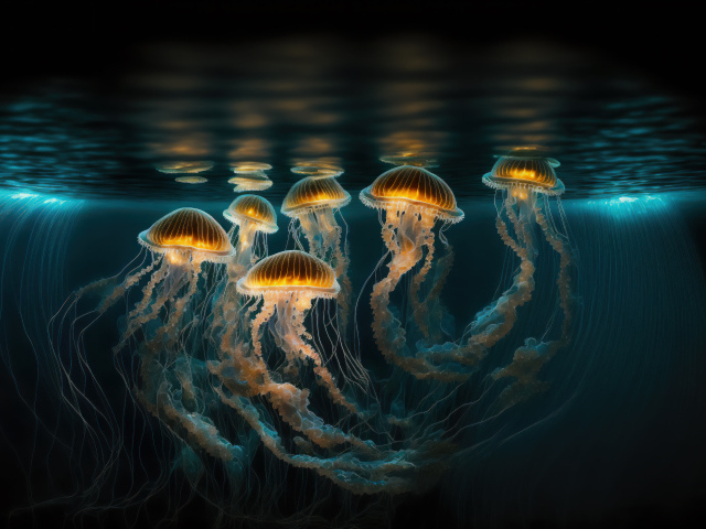 Много светящихся медуз под водой