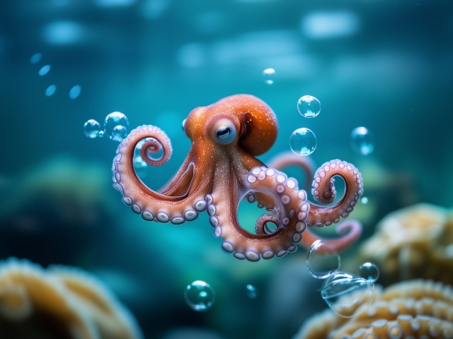 Осьминог с пузырями под водой
