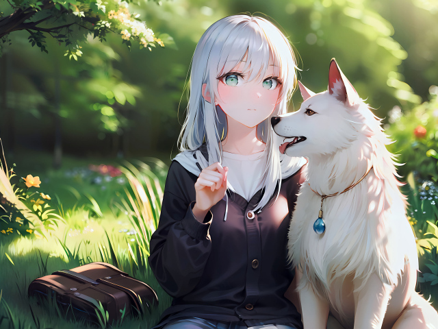 Девушка аниме с белой собакой в парке