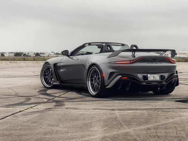 Вид сзади на серый автомобиль Aston Martin Vantage V12 Roadster