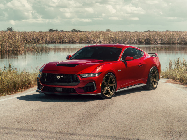 Красный Ford Mustang S650 у воды