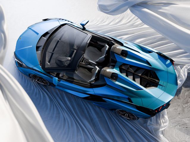Вид сверху на голубой автомобиль Lamborghini Sián Roadster