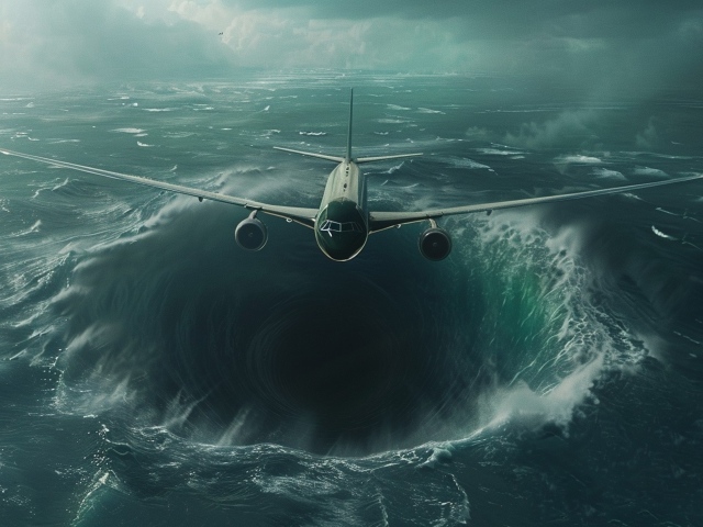 Самолет затягивает в воронку в море