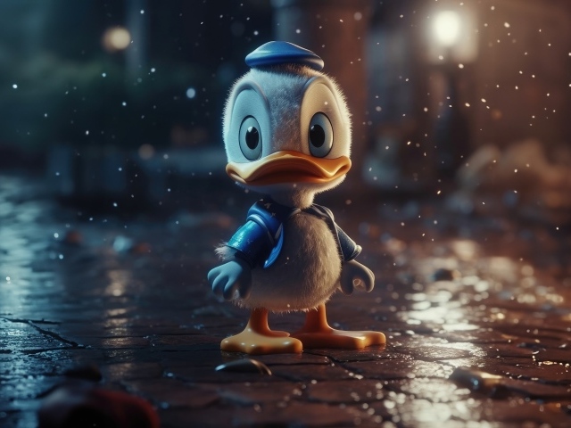 Маленький Дональд Дак под дождем на улице