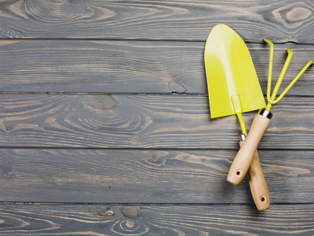 Желтые садовые принадлежности на деревянном фоне