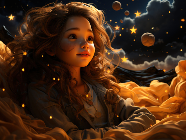 Нарисованная мечтательная девочка на фоне неба