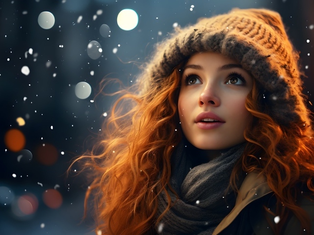 Нарисованная рыжеволосая девушка в теплой шапке