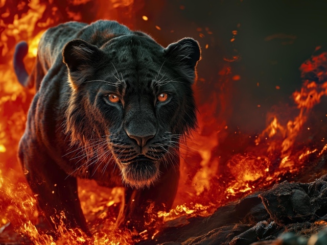 Черная пантера идет по огненной земле