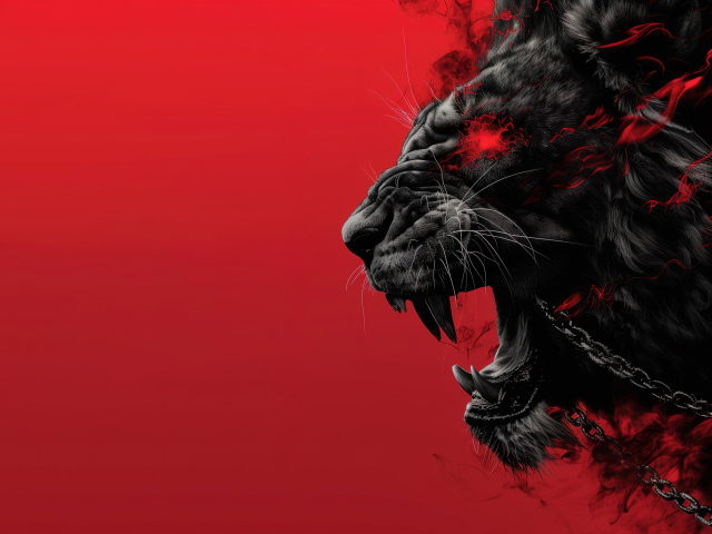 Черный демонический лев с цепями на красном фоне