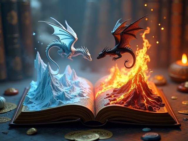 Огненный и снежный драконы парят над книгой