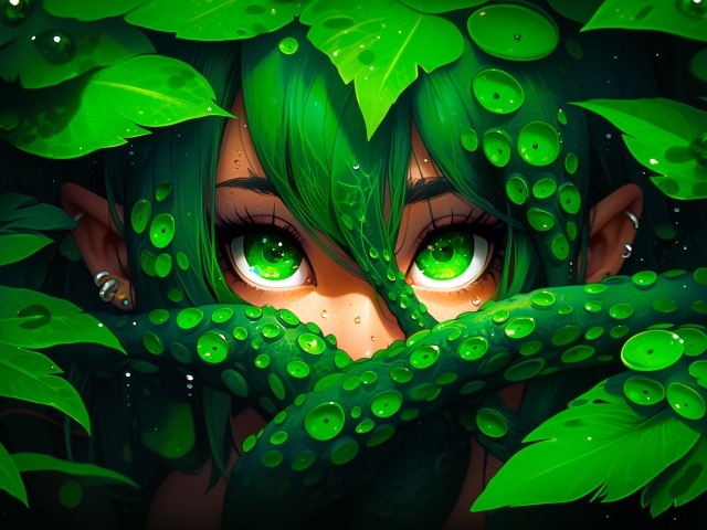 Лесная фея с зелеными глазами в зарослях