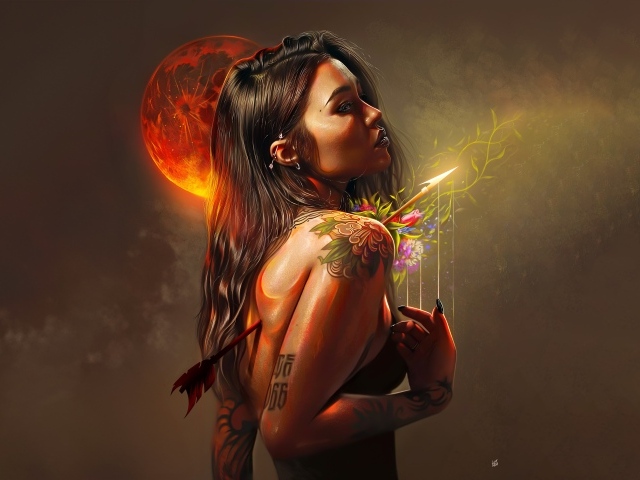 Девушка с тату, пронзена волшебной стрелой, стоит на фоне красной луны