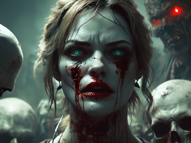 Девушка монстр с зелеными глазами в комнате со скелетами