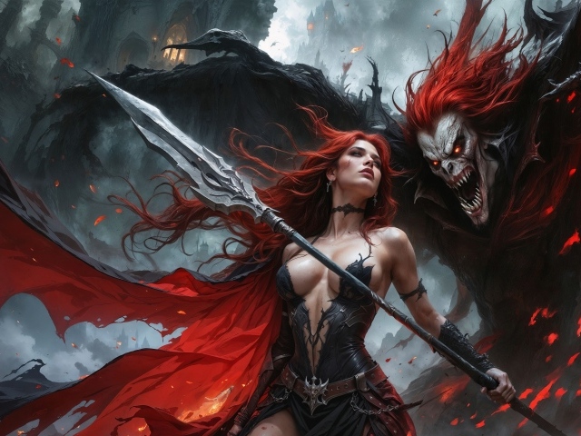 Рыжеволосая девушка с копьем с монстром