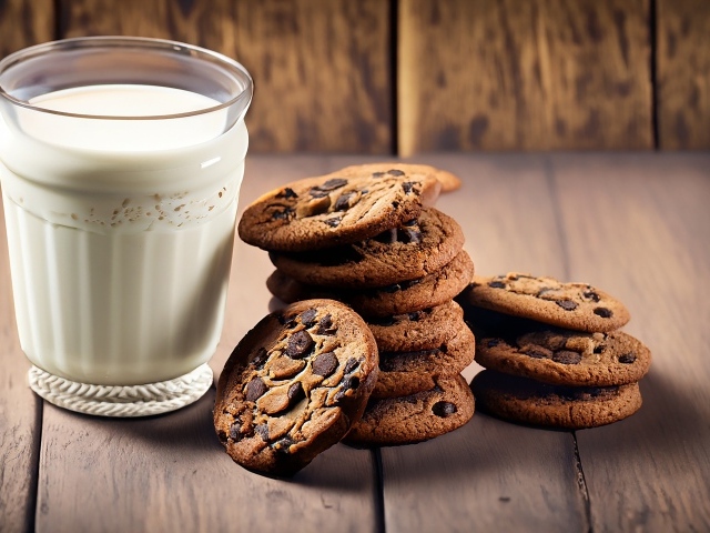 Стакан молока с круглым печеньем на столе