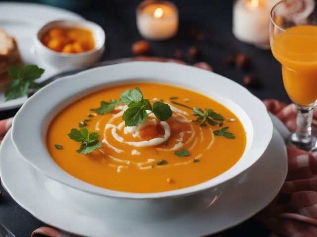 Тыквенный суп пюре с гренками на столе