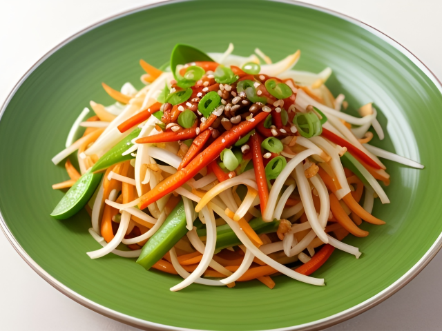 Салат из свежих натертый овощей на зеленой тарелке