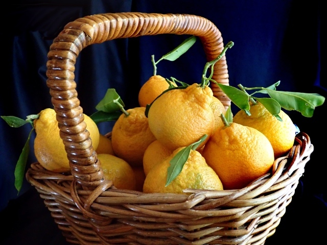 Корзина крупных желтых лимонов на столе