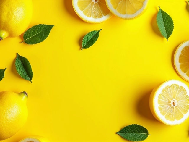 Яркий желтый фон с лимонами и зелеными листьями
